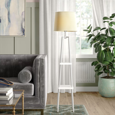 58" Modern Metal Etagere Floor Lamp with Shelves and Linen Shade