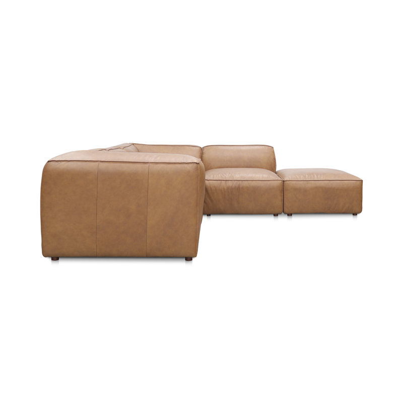 Form Astra 5 - Genuine Leather Modular Sectional with Ottoman, Tan Genuine Leather, 26" H x 112" W x 102.5" D