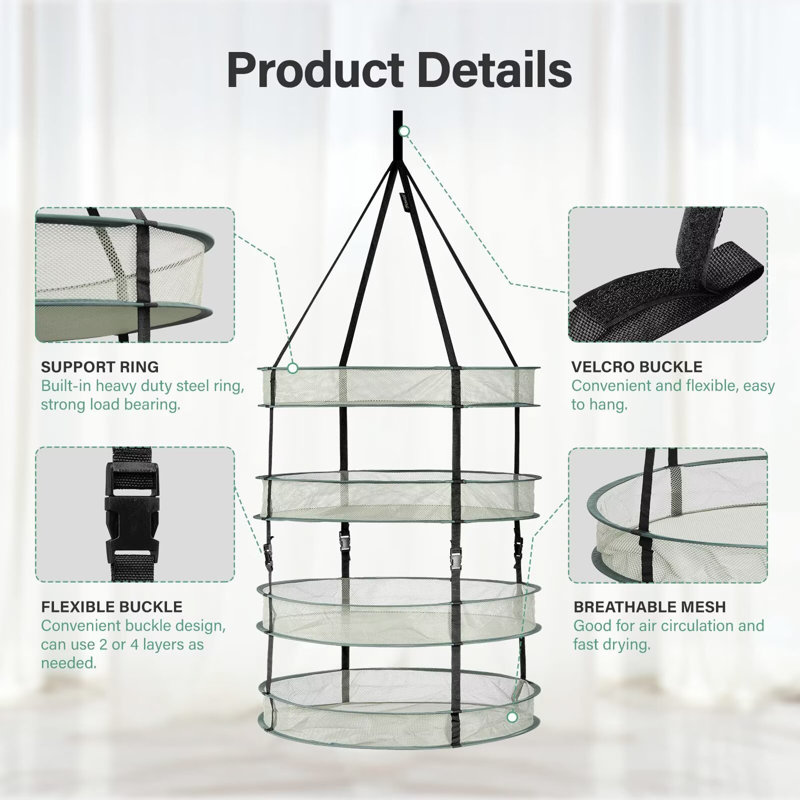 Séchoir à linge pliable suspendu à 4 couches 4 pieds avec anneaux robustes et sac de transport, pour plantes, graines et bourgeons, vert, 1 paquet de séchoir et sécateur jaune 6,5 po