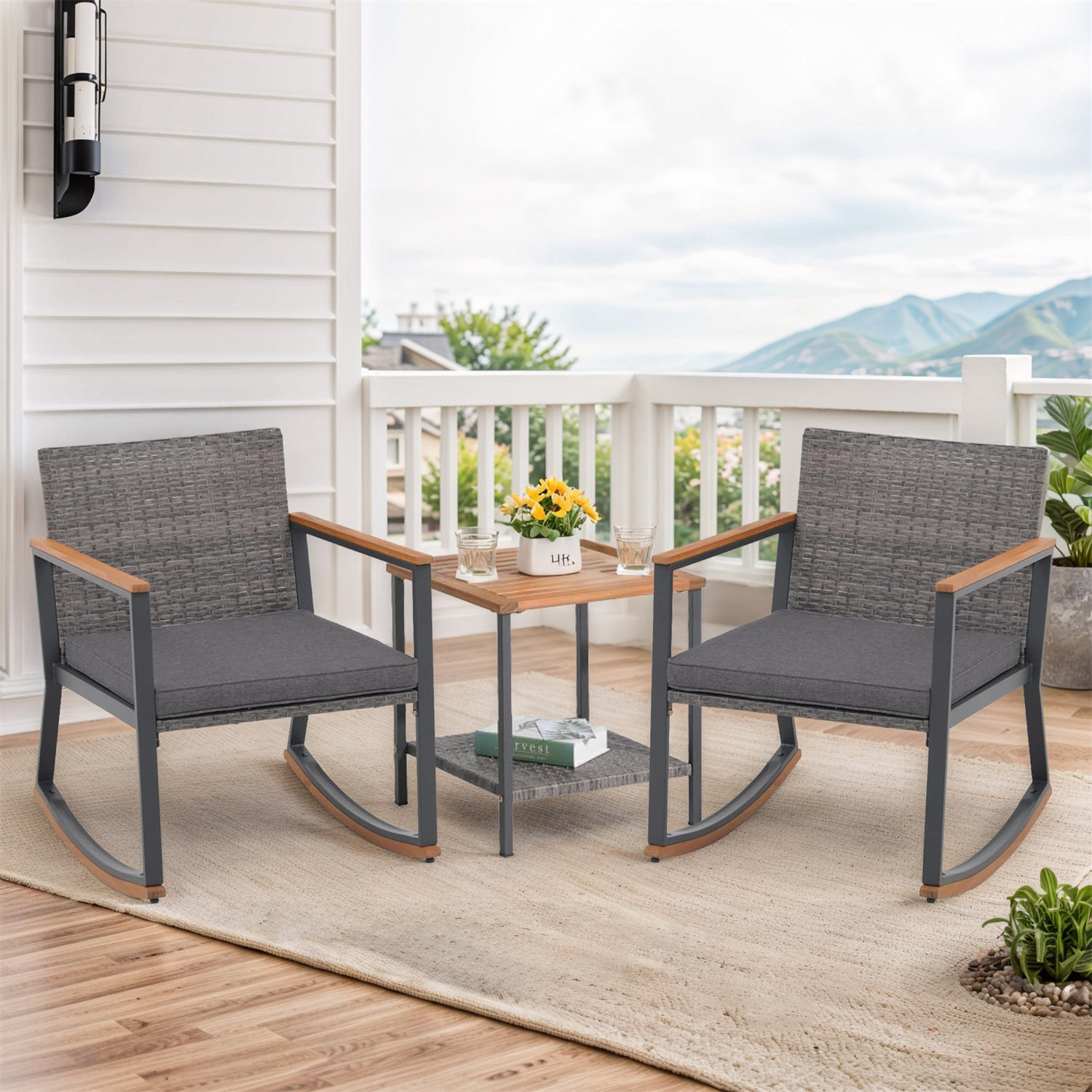 Winston Porter Patio Chairs, Wicker Rocking Chair Outdoor Bistro Sets With Coffee Table For
