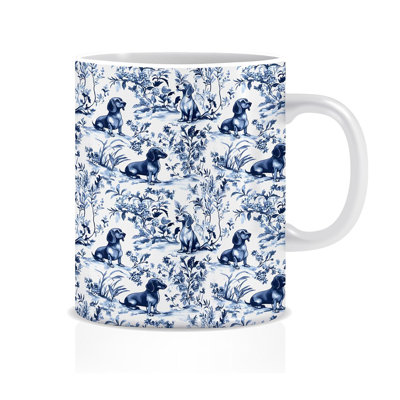 Chinoiserie Dachshund Mug, Blue and White Floral Botanical Dachshund Coffee Cups Ceramic, Grandmillennial Sausage Weiner Dog Coffee Tea Mug 11oz