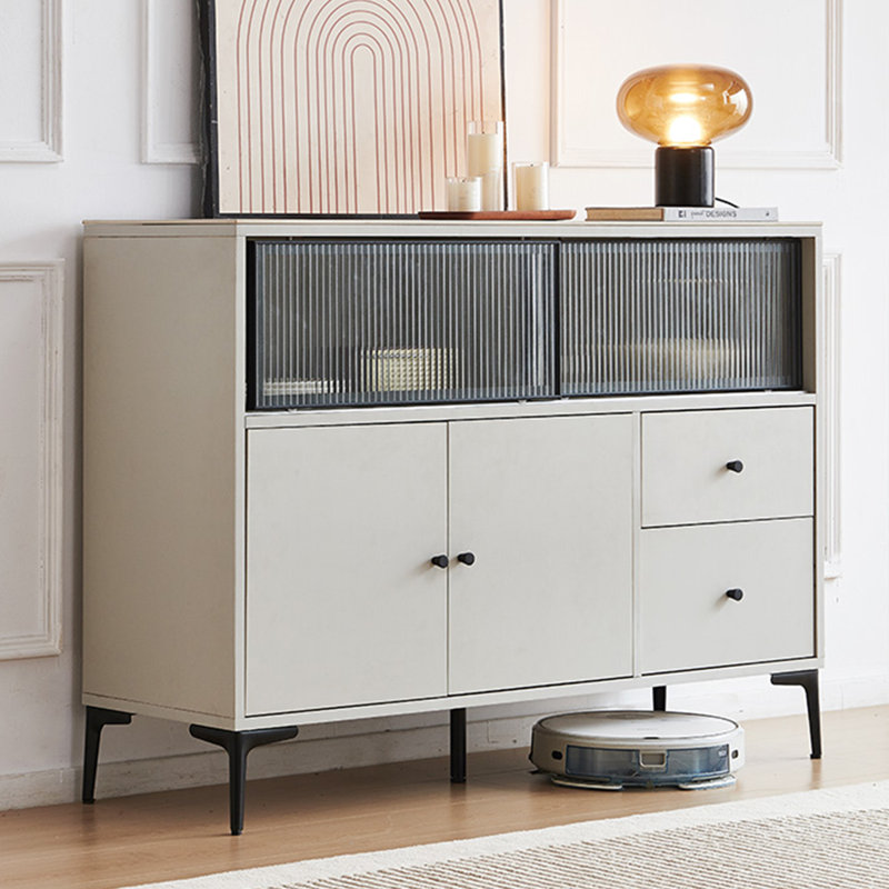 Blanc + gris + pierre frittée noire + bois manufacturé + buffet en verre trempé