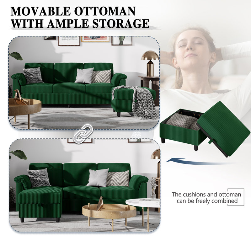 79" Upholstered L-Shaped Sofa with Ottoman , Green Corduroy