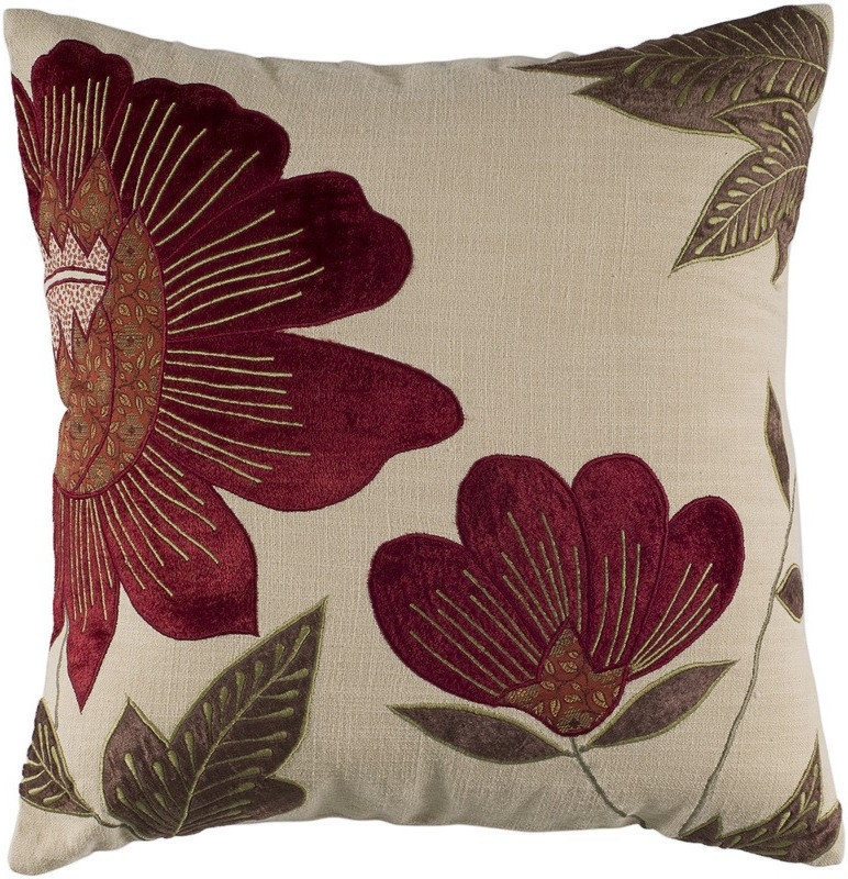 Beige and Red Floral Embroidered Cotton Velvet Pillow 18"