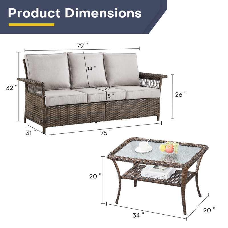 Anferney 79'' Wide Outdoor Patio Sofa with Cushions and Coffee Table, Beige