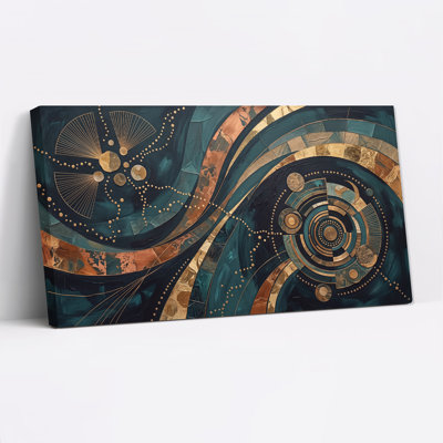Art mural moderne sur toile à pois géométriques abstraits, bleu sarcelle et bronze