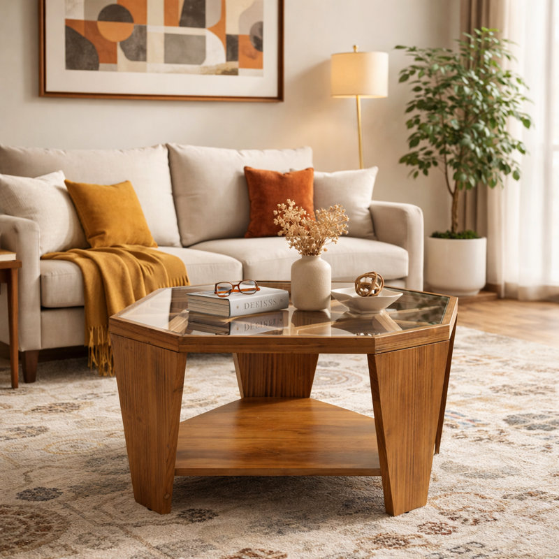 Table basse hexagonale avec plateau en verre et treillis géométrique en bois - Table d'appoint rustique moderne à 3 pieds