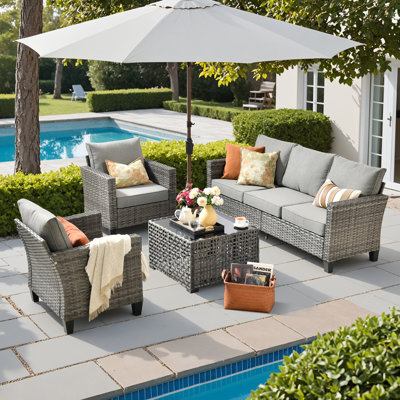 5-Person Outdoor Wicker Sofa Set With Solar Led Coffee Table, All-Weather Rattan Patio Furniture With Cushions For Garden And Backyard by Latitude Run
