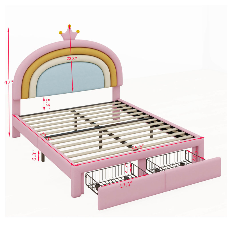 Upholstered Rainbow Design Bed With Storage Drawer, No Box-Spring Needed