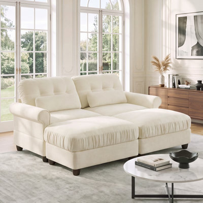 Canapé d'angle modulaire en chenille, coussin d'assise à bord froncé, accoudoirs arrondis et coussins de soutien lombaire