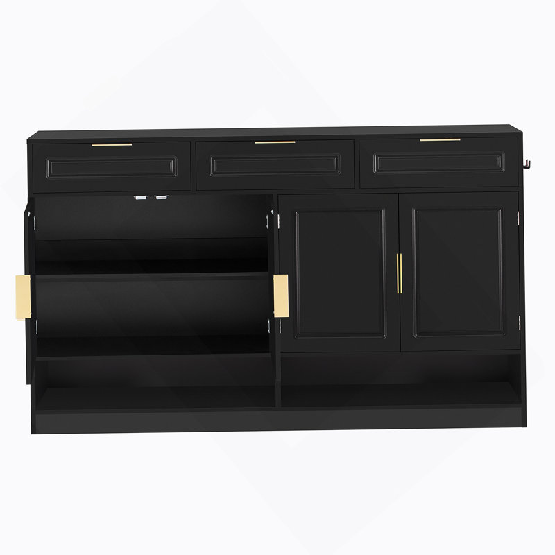Buffet avec 3 tiroirs et 4 portes, buffet de rangement avec tablette réglable et compartiments de rangement ouverts, Noir