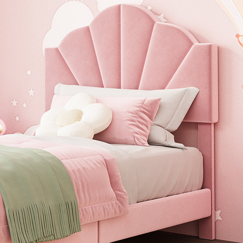 Twin Size Bed Frame, Velvet Upholstered Platform Bed Frame with Height Adjustable Headboard, Girl Twin Bed Frame with Wood Slat Support, Stable Metal Frame, No Box Spring Needed, Pink