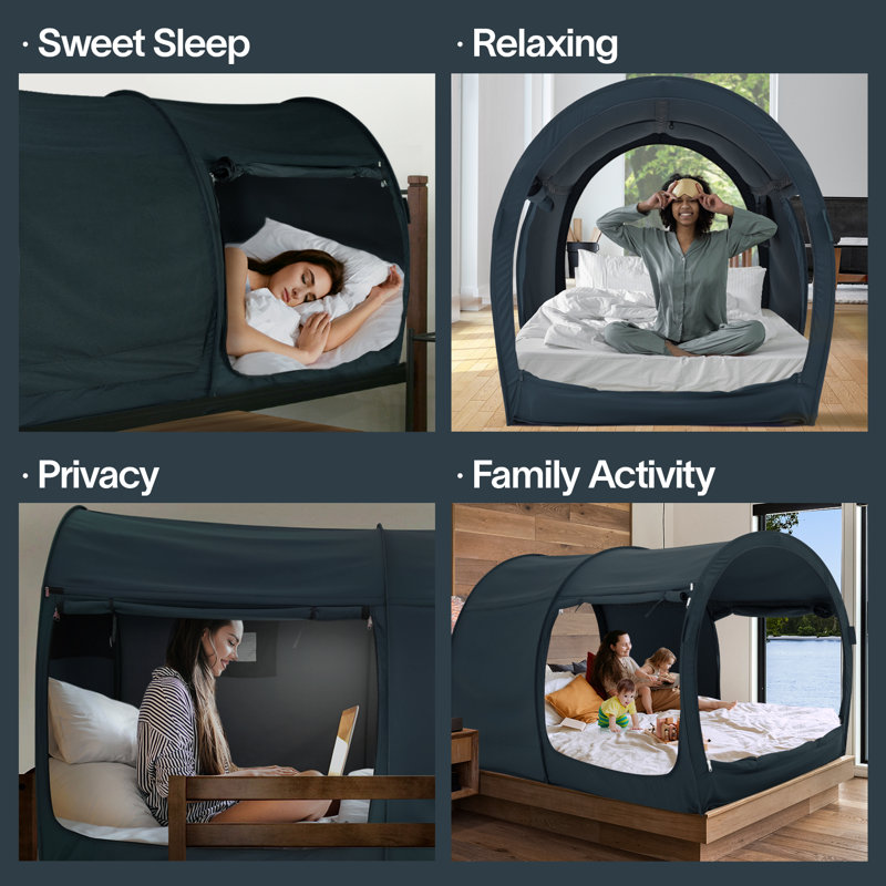 Twin Size Bed Tent Canopy - Pop Up Privacy Sleeping Tent for Indoor Use, Light Reducing & Breathable Grey Cottage Design, Portable Frame with Mesh Windows, 75 x 39 x 47 Inches