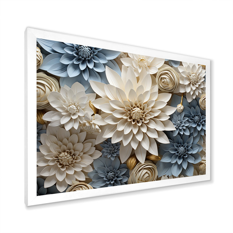 «Simplicity Mums Bloom» en beige et bleu pâle II - Mums, art mural, H 30 po x l 40 po x P 1,5 po, Cadre simple blanc