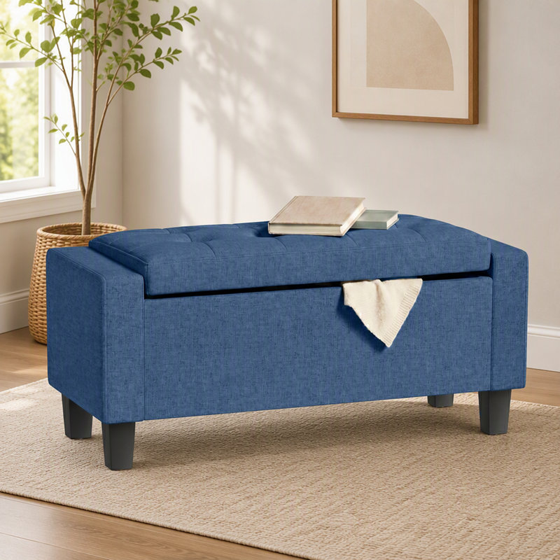Banc ottoman de rangement en tissu capitonné avec accoudoirs, Bleu