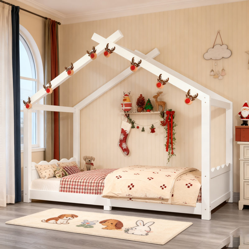 Lit de maison avec lattes de soutien, structure en bois massif pour enfants, aucun sommier requis, assemblage facile