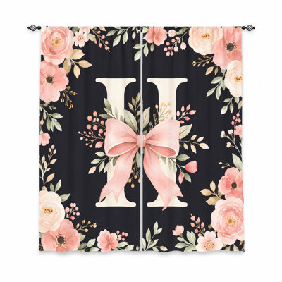 2Pcs Floral Letter H Curtains, Light Filtering Fabric, Romantic Pink Bow and Blossom Print, Rod Pocket Design, for Living Room, Bedroom, Girls Home Decor