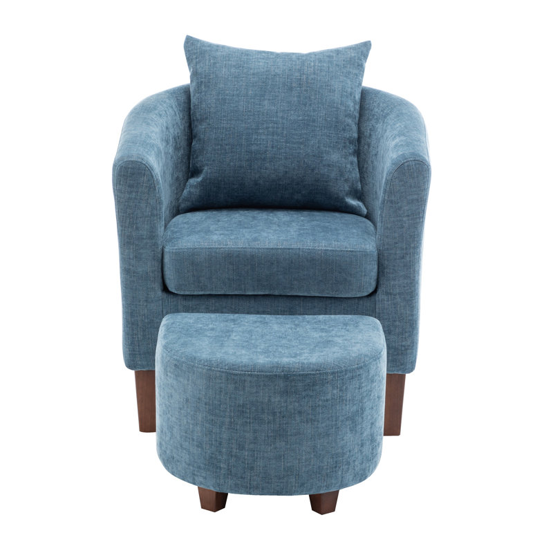 Ebern Designs Helvia Accent Chair and Ottoman Set with Wooden Legs, Kaniesha Blue Fabric