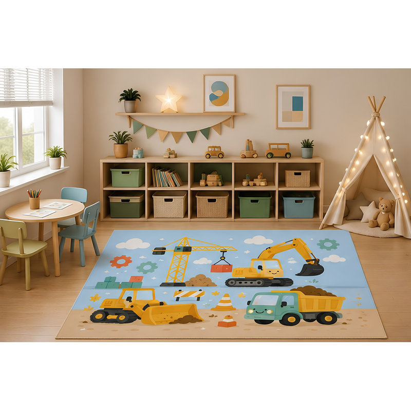 Tapis ultra-léger 152 x 213 cm (5' x 7') à motifs de véhicules de chantier pour chambre d'enfant, excavatrice, bulldozer, camion à benne basculante, tapis de dessin animé, envers antidérapant en silicone, poils courts