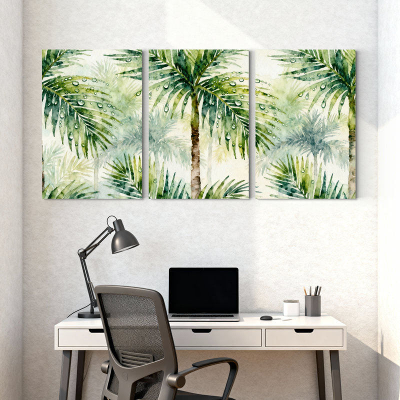 Palmier, feuilles de palmier tropicales, aquarelle, ensemble de 3 impressions sur toile, H 18 po x l 36 po