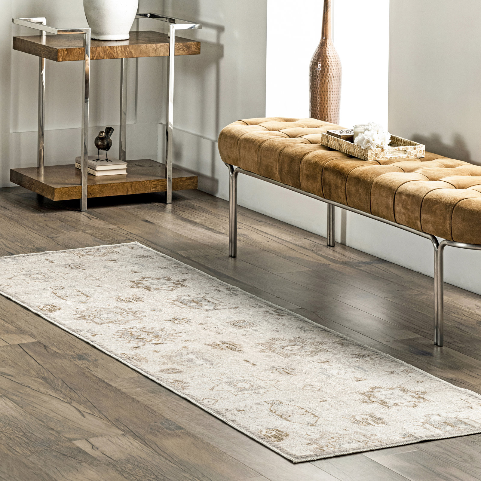 Beige Ivory Machine Washable Oriental Rug, Runner 2'6" x 12'
