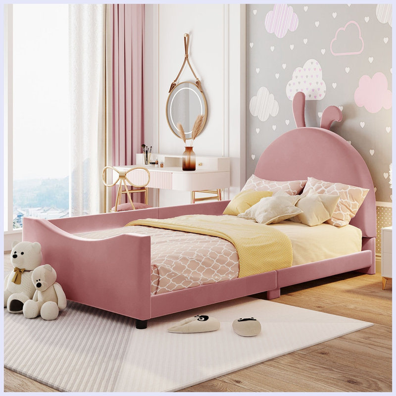 Modern Upholstered Daybed with Rabbit Ear Shaped Headboard, Pink