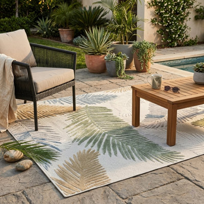 Unfaded Floral Indoor Outdoor High-Low Pile Area Rug in Cream / Green / Blue / Tan for Patios, Deck, Porch Or Entryway