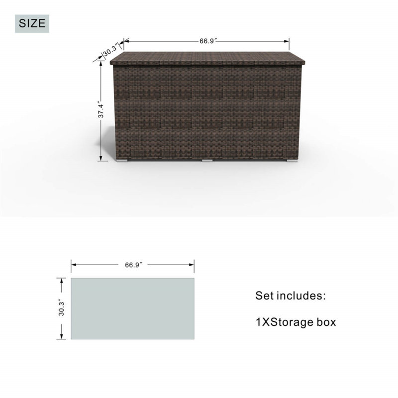 Large Outdoor Wicker Storage Box – Frame, Waterproof Liner, Dual Gas Lifts, 37.4" H x 66.9" W x 30.3" D, Brown