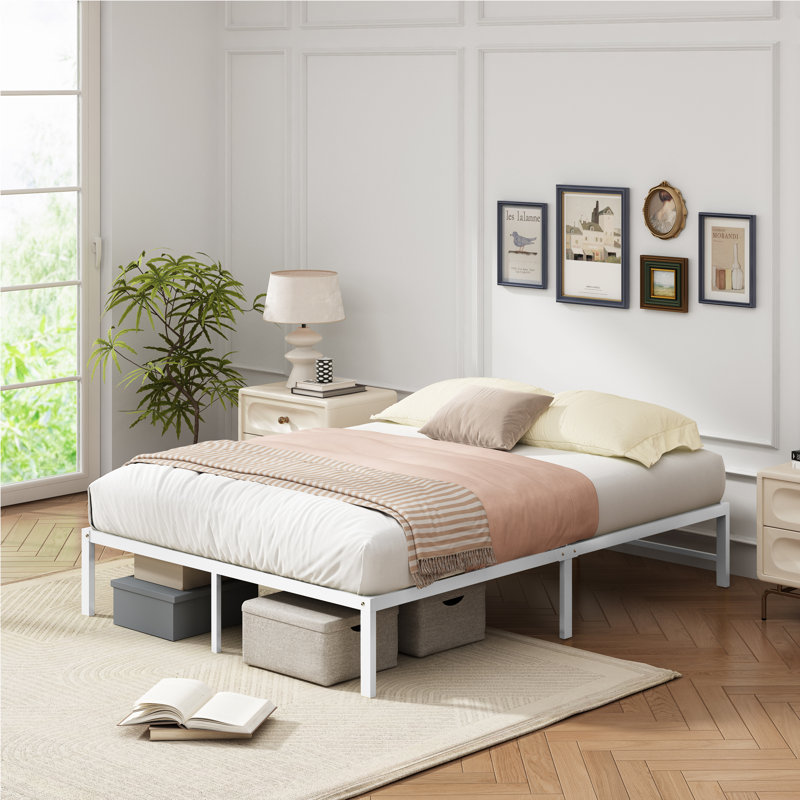 Metal Platform Bed Frame, White, Queen