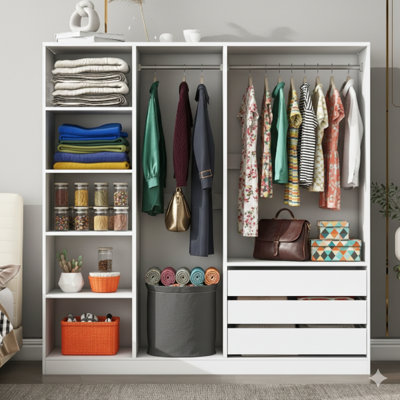 Armoire de rangement ouverte à l'avant en bois pour dormir avec tablettes et 3 compartiments de rangement, finition blanche