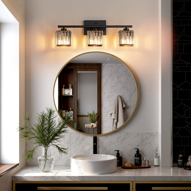 Éclairage pour salle de bain 24 po à 3 lumières à intensité variable noir avec abat-jour en cristal