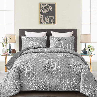 3 Piece Branch Botanical Pattern Bedspread Coverlet Set Soft Lightweight Microfiber Quilt Set for All Season