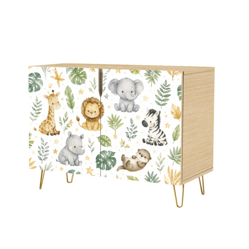 Buffet avec rangements dissimulés, 2 portes, motif animaux aquarelle, jungle printanière tropicale, meuble multifonctionnel pour salon, cuisine et coin café
