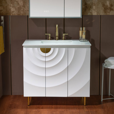 Meuble-lavabo de salle de bain 36 "x 22" avec comptoir simple en céramique Eden, comptoir de meuble-lavabo en pierre d'ingénierie blanche - portes à motif ondulé 3D, cadre élégant aux pieds minces, peu encombrant pour une vie moderne
