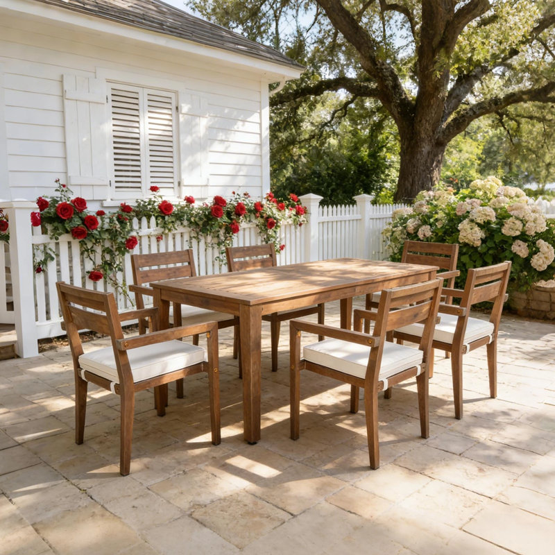 Ensemble repas d'extérieur 7 pièces en bois d'acacia avec coussins, table de patio et 6 chaises, Bois robuste