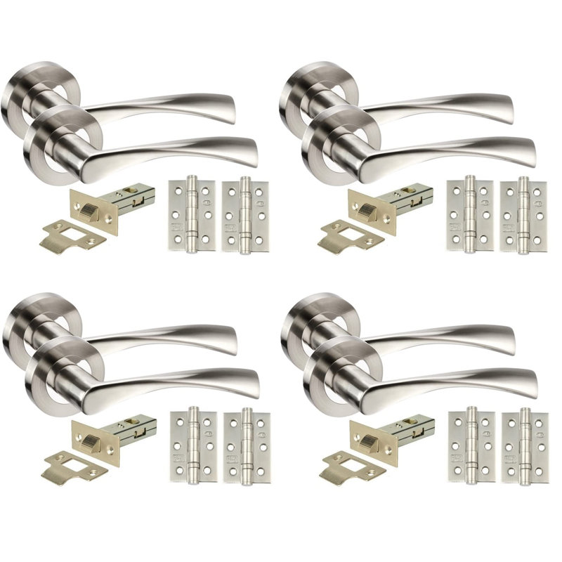 Golden Grace 4 Pairs Twist Astrid Style Modern Door Handles Set Lever Latch on Round Rose in Duo Chrome Finish with Ball Bearing Hinges and 64mm Tubular Latch