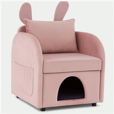 Fauteuil en velours rose avec oreilles de lapin et fauteuil pour chien et chien intégré, fauteuil moelleux à double usage avec poche latérale, 27,4 x 25,2 x 37,4 pouces