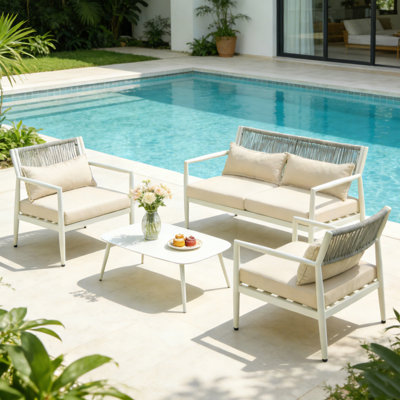 Ensemble de mobilier d'extérieur pour patio, canapé modulaire d'extérieur à 4 places avec table basse, ensemble de conversation tissé en corde de polyester avec coussins épais, meubles de patio à structure en métal pour balcon, porche, cour arrière