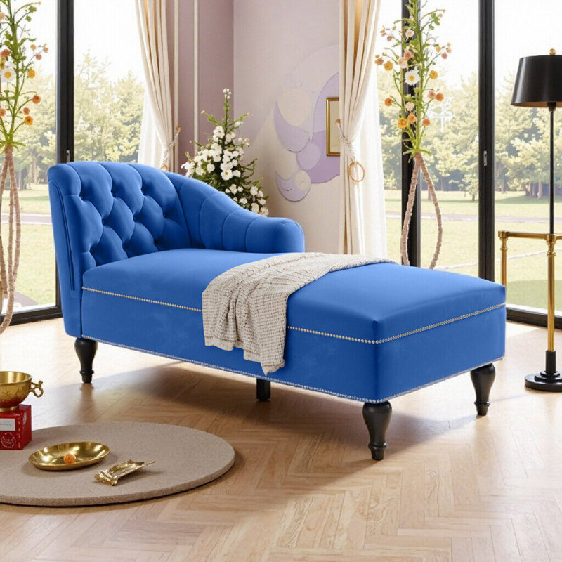Chaise longue en velours avec capitonnage à boutons et garniture cloutée, pieds en bois massif, capacité de poids de 250 lb