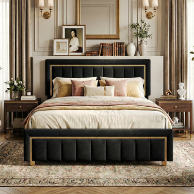 UK & EU Velvet Ottoman Bed with Fluted Gold-Trim Headboard, Luxury Gas-Lift Storage Bed, Beige/Black