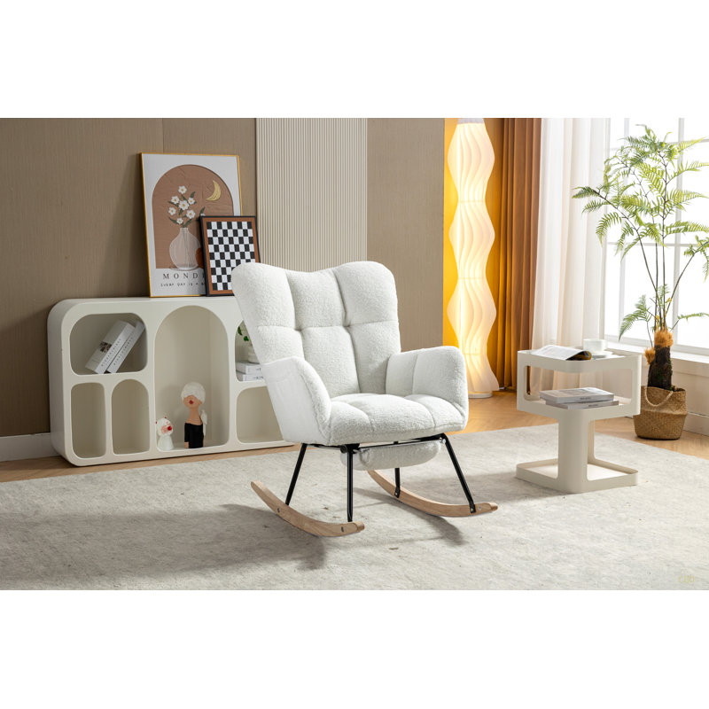 Chaise berçante en tissu avec repose-pieds Teddy, Ivoire ivoire
