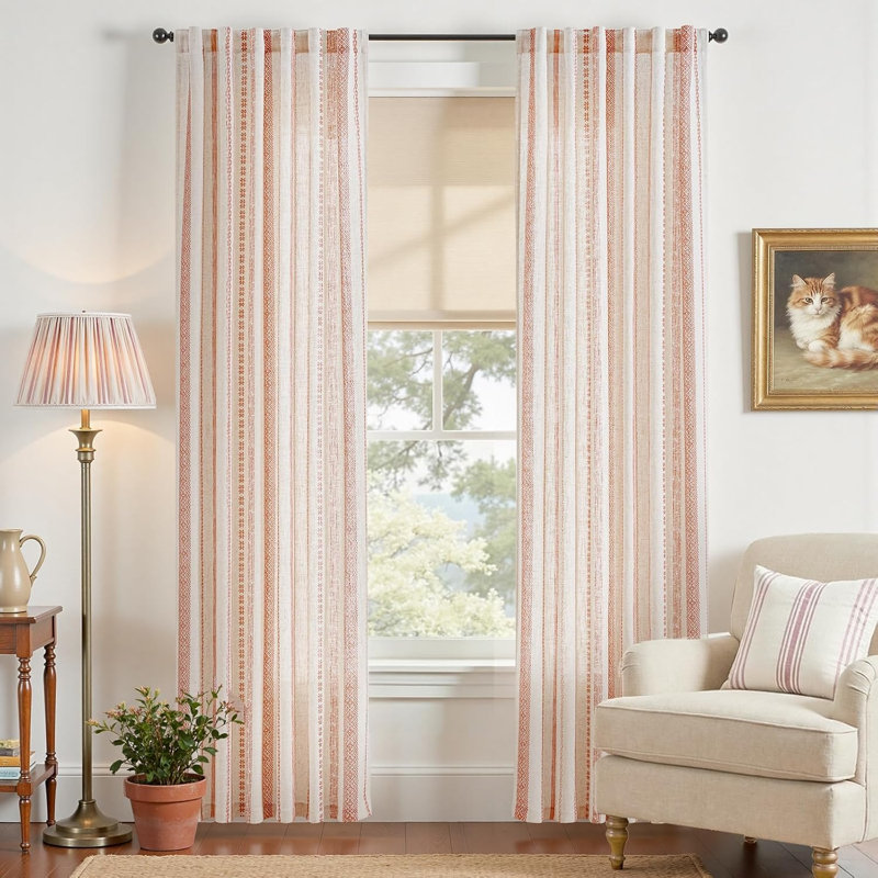 Semi Sheer Linen Blend Boho Herringbone Printed Back Tab Rod Pocket Curtain Pair, Terracotta on Beige, 52" W X 84" L