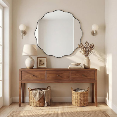 Contemporary Round Wavy Mirror Circle Bathroom Vanity Mirror | Stainless Steel Frame