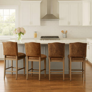 Ensemble de 4 tabourets de bar à hauteur de comptoir, chaises de bar rembourrées en similicuir avec dossier et pieds en bois massif, tabourets d'îlot de cuisine de style Mid-Century pour salle à manger et bar