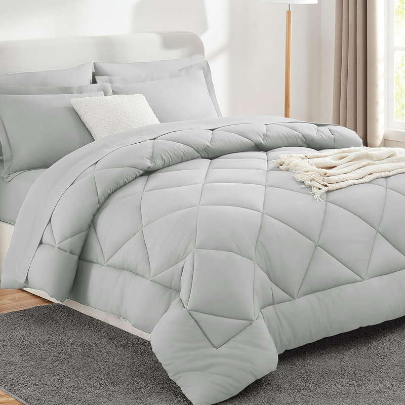 7-Piece Comforter Set, Microfiber, All Season Bed in a Bag – Light Grey, King, Light Gray