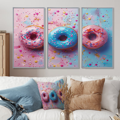 Delicious Pink And Blue Sparkle Donuts I - Food Donuts Wall Decor Set