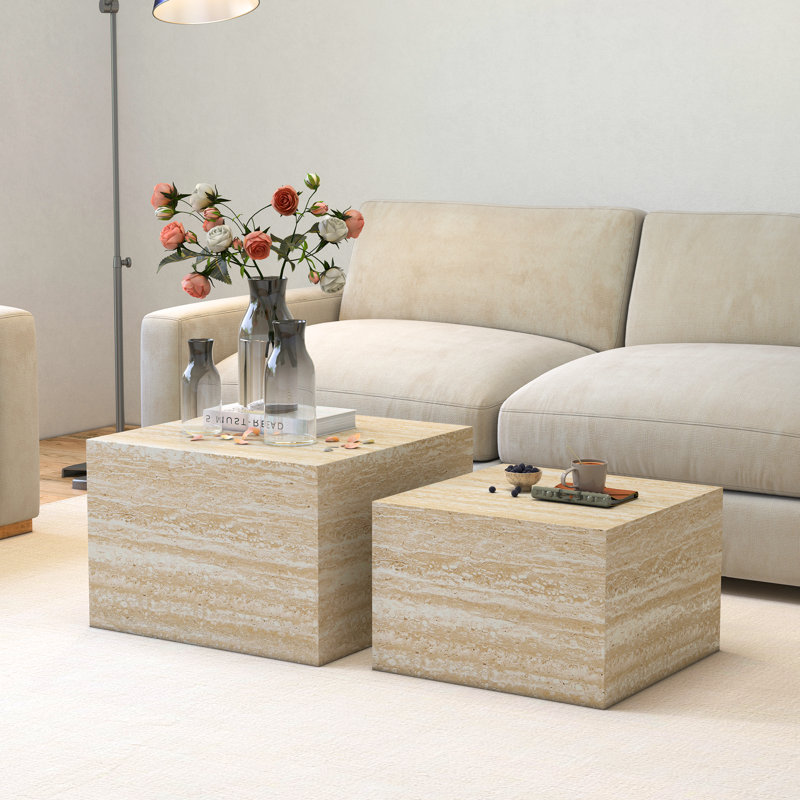 Tables basses gigognes en faux marbre - Ensemble de 2 tables d'appoint carrées modernes pour le salon, aucun assemblage requis, travertin