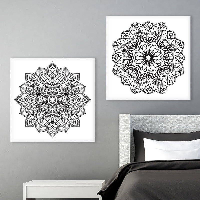 Mandala variété de motifs floraux noir et blanc Mandala, impression sur toile 2 pièces, H 12 po x l 24 po x P 1,5 po