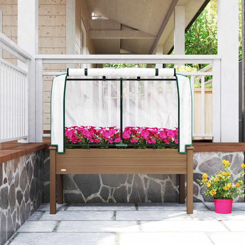 Raised Garden Bed with PE Greenhouse Cover, Brown,wood, 46.1"H x 47.6"W x 21.7"D, Brown