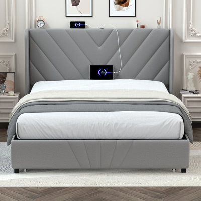 Structure de lit en métal avec tête de lit tapissier, tiroirs de rangement, ports de chargement USB et Type-C, aucun sommier nécessaire